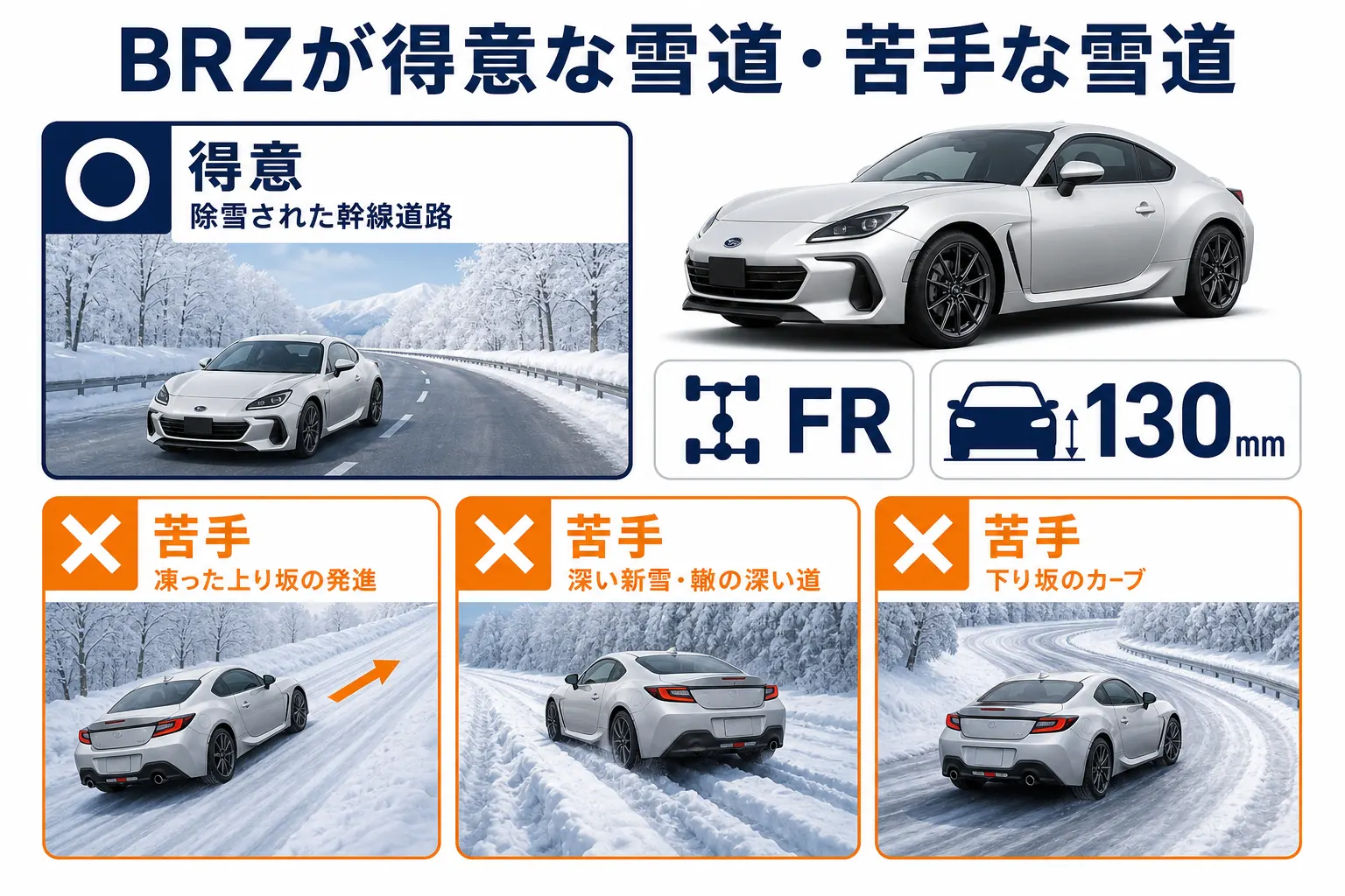 BRZの雪道で得意な道と苦手な道を分けた図解